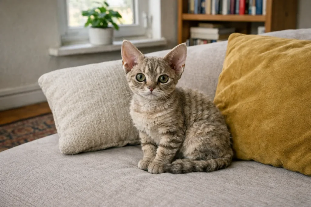 Кучерявий кот Девон-рекс на дивані