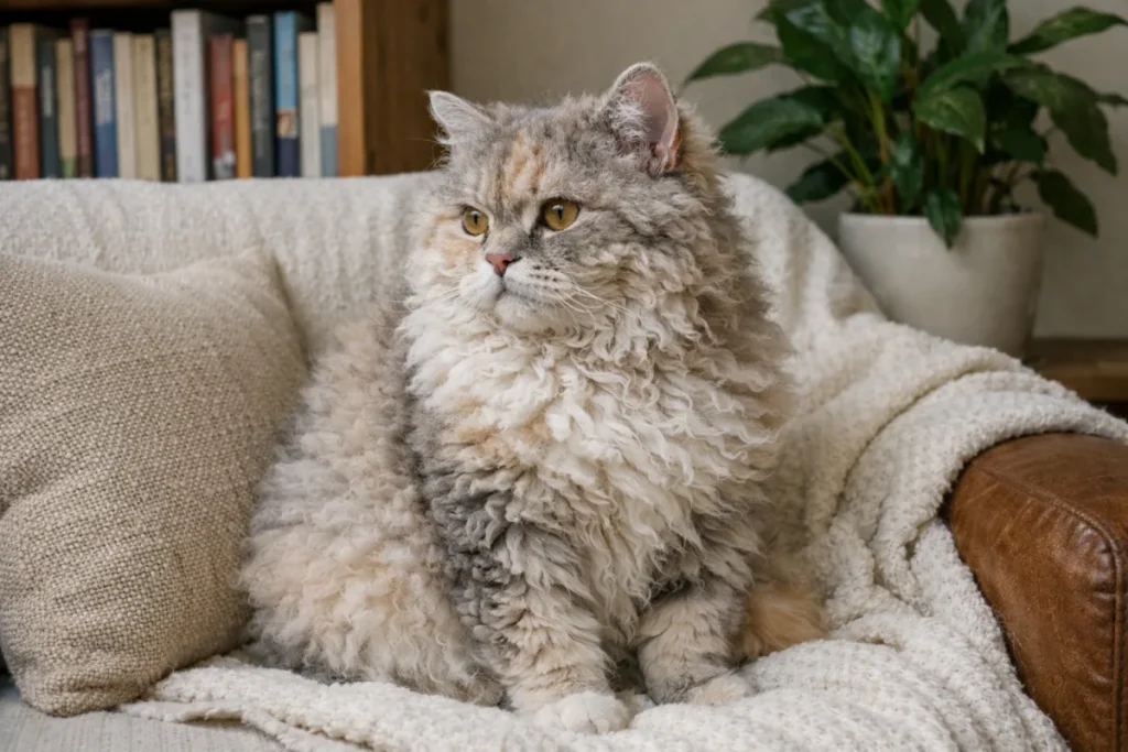 Кудлатий селкірк-рекс на дивані