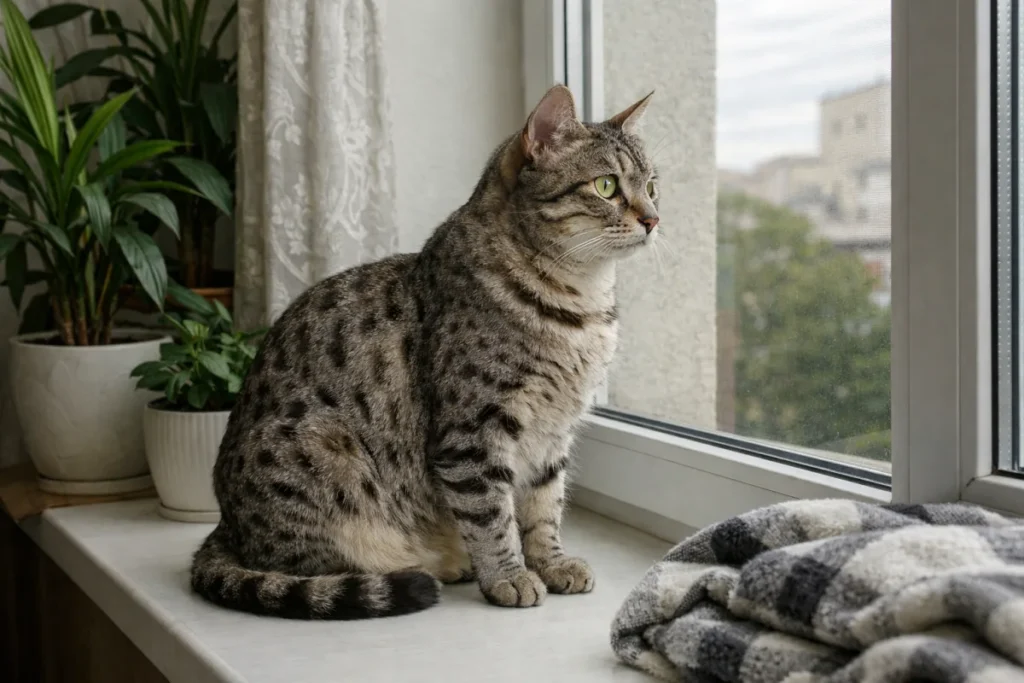 Єгипетська мау сидить на підвіконні