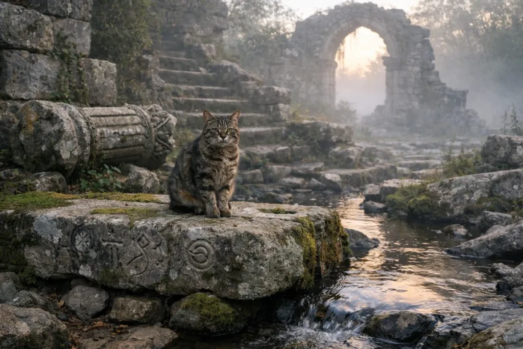Кіт на тлі старовинних руїн