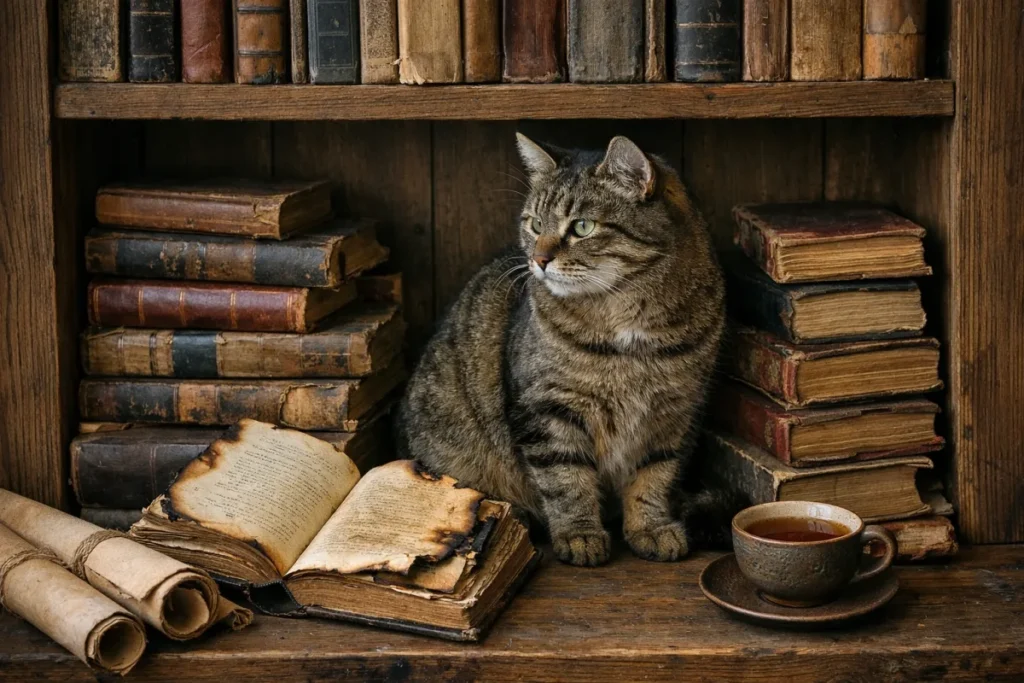 Кіт серед книг на полиці