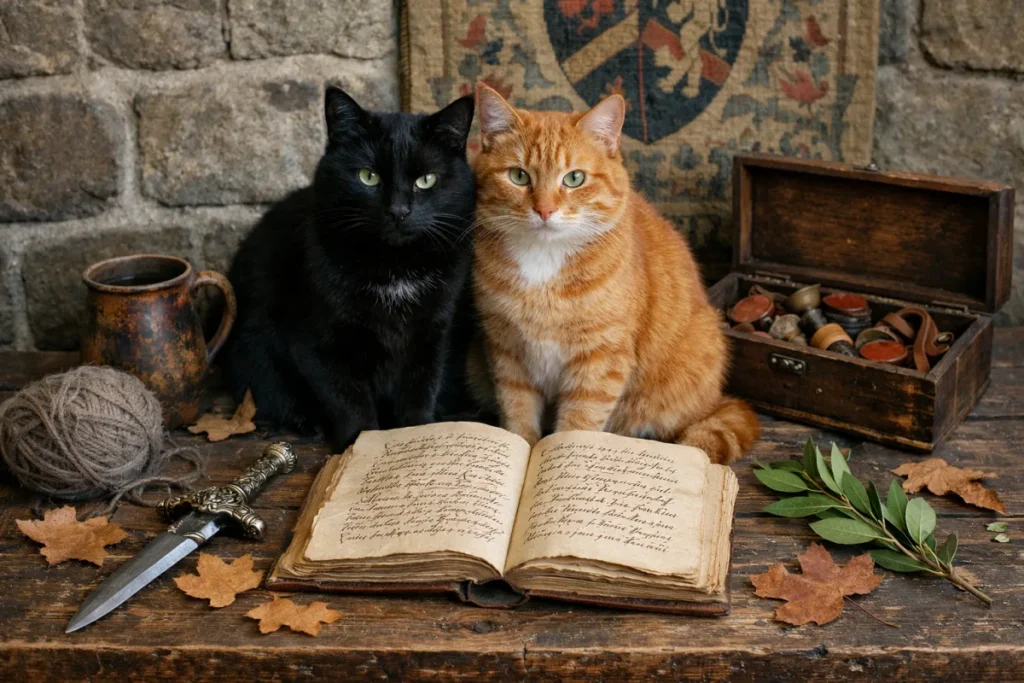 Кіт на фоні старовинних рукописів