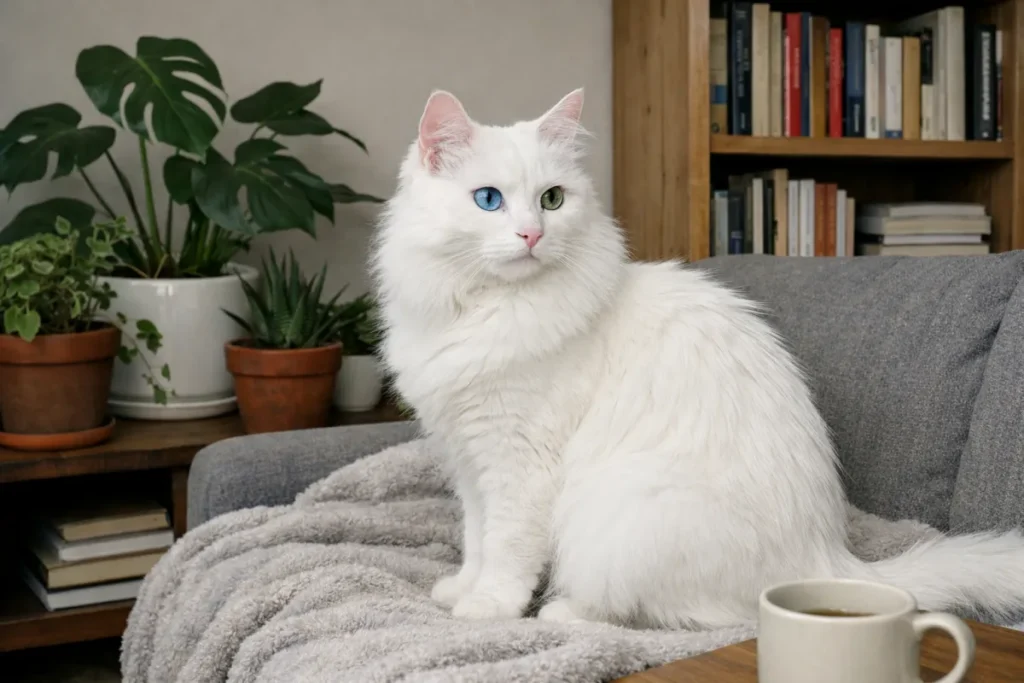 Граційна турецька ангора на дивані