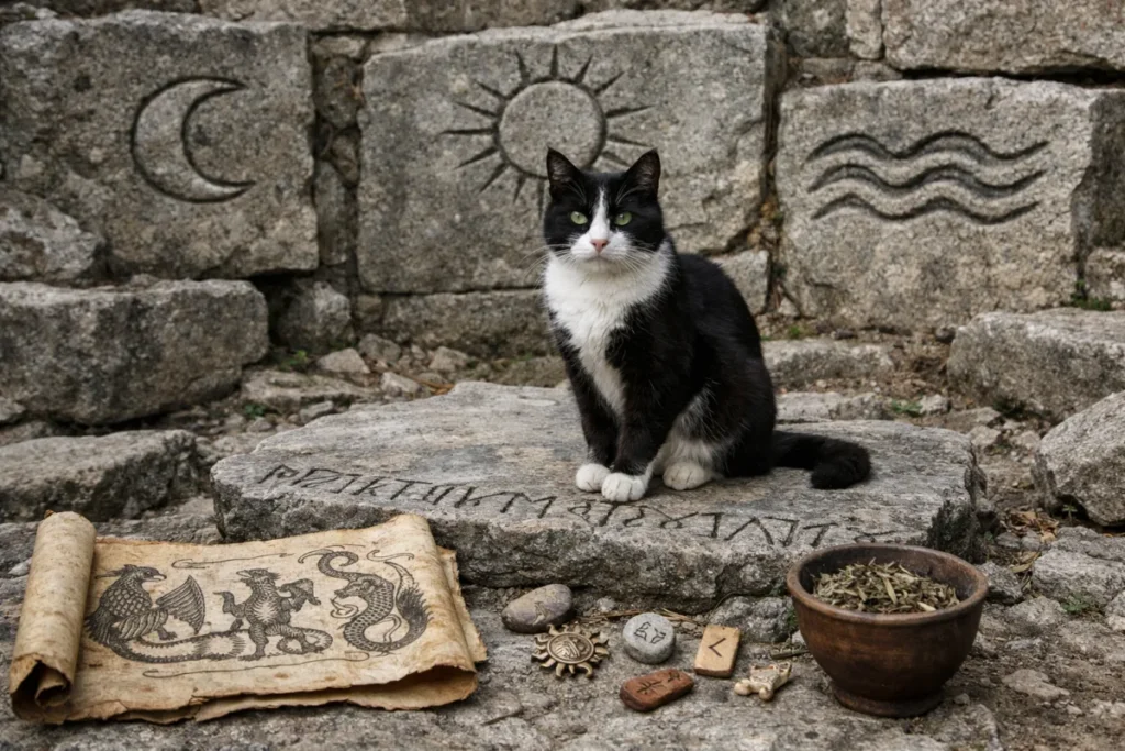 Кіт на фоні стародавніх символів