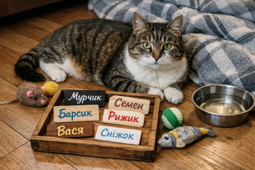 Кіт поруч з табличками з іменами