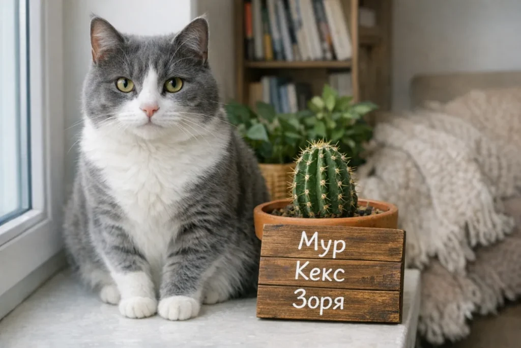 Кіт поруч з табличкою імен
